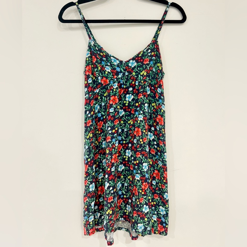 Hollister Women’s Navy Floral Mini Dress with Red and Green Accents- Size Small